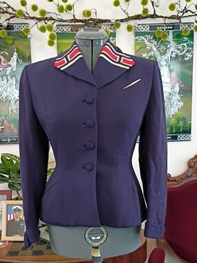 1950s Lilli Ann Navy Blue White And Red Suit Jacket Size Extra Small